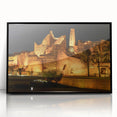 Large abstract wall art depicting a minimalist Saudi Arabian landscape in muted earth tones, framed in black acrylic.