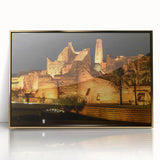 Framed acrylic print of a Saudi Arabian landscape in gold and beige tones, suited for modern art wall decor.