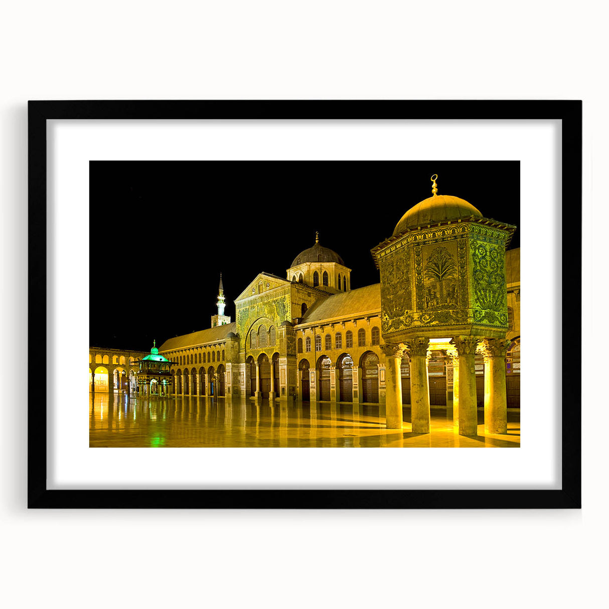 Extra large abstract art print of a Middle Eastern scenery in vibrant colors on a textured canvas, framed in black.
