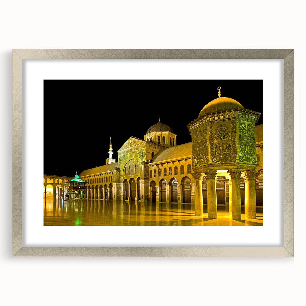 Textured abstract art print depicting a Middle Eastern scenery in muted earth tones, framed with a silver mat.