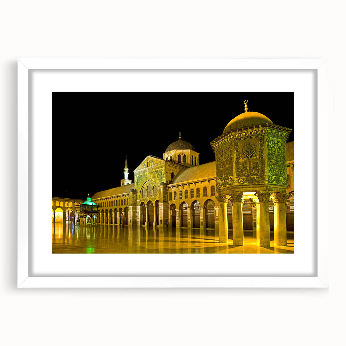 Abstract art print of a Middle Eastern landscape in muted earth tones on a framed white mat, ideal for dining room decor.