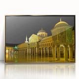 Large art print depicting a Syrian landscape, framed in gold acrylic, featuring mid-century modernist style and earthy tones.