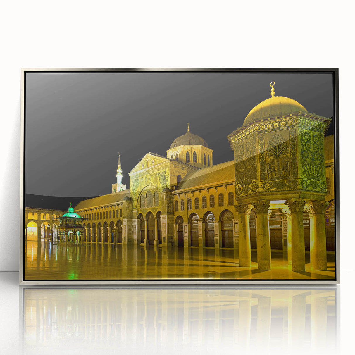 Mid-century modernist art depicting a scenic Middle Eastern landscape in muted earth tones, framed acrylic.