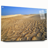 Large abstract wall art depicting a Middle Eastern cityscape in muted earth tones on acrylic glass.