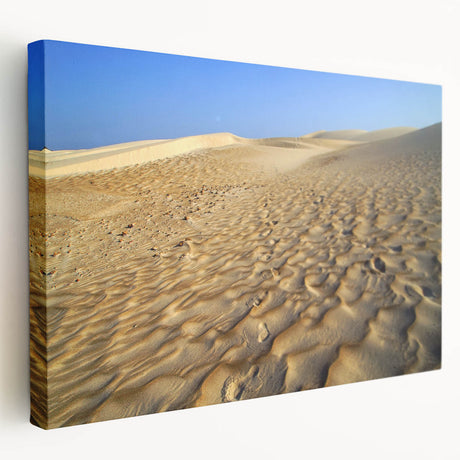 Side view of a stretched canvas depicting a Middle Eastern landscape, in earthy tones, suitable for kitchen wall art.