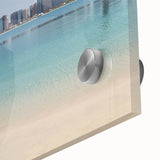 Large abstract wall art of Abu Dhabi skyline in pastel shades on acrylic glass, ideal for dining room ambiance.