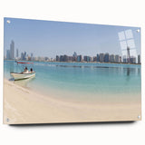 Acrylic print of Abu Dhabi skyline in muted blue and gray tones, suitable for bedroom or dining room decor.