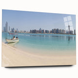Large abstract wall art of Abu Dhabi skyline in muted tones on acrylic glass, suitable for bedroom or dining room decor.