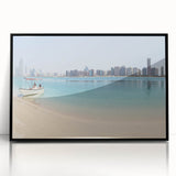 Large abstract wall art of Abu Dhabi skyline in muted gray tones on a framed acrylic, ideal for modern office decor.