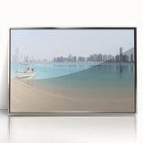 Framed acrylic print of Abu Dhabi skyline in pastel shades, styled in mid-century modernist art.