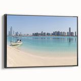 Black and white framed canvas of Abu Dhabi landscape, ideal for bedroom wall decor.