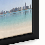 Black wall art featuring a textured Abu Dhabi skyline on a framed canvas, with vibrant colors, ideal for living room decor.