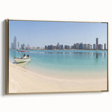 Framed canvas featuring a vintage-style landscape of Abu Dhabi in muted gold and black tones, ideal for bedroom wall art.