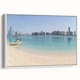 Vintage poster art of Abu Dhabi scenery on a framed canvas, featuring colorful art in extra large size.
