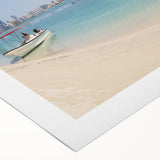 Art deco poster of Abu Dhabi skyline in muted gold and blue tones on rolled canvas, suitable for dining room decor.