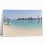 Black and white stretched canvas featuring the Abu Dhabi skyline, ideal for kitchen wall art or bedroom ambiance.