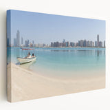 Panoramic view of Abu Dhabi skyline in muted earth tones on a large stretched canvas, suitable for kitchen wall art.