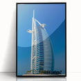 Large abstract wall art of Burj Al Arab in muted gray and blue tones on a framed acrylic, ideal for modern living room decor.