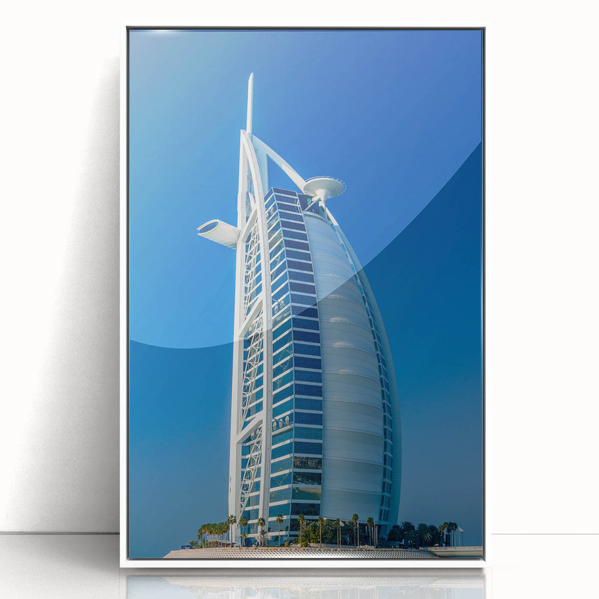 Art Deco style poster featuring the Burj Al Arab in muted blue and white tones on framed acrylic.