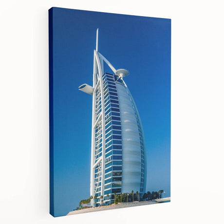Large canvas print of the Burj Al Arab with muted blue and white tones, suitable for kitchen wall art.