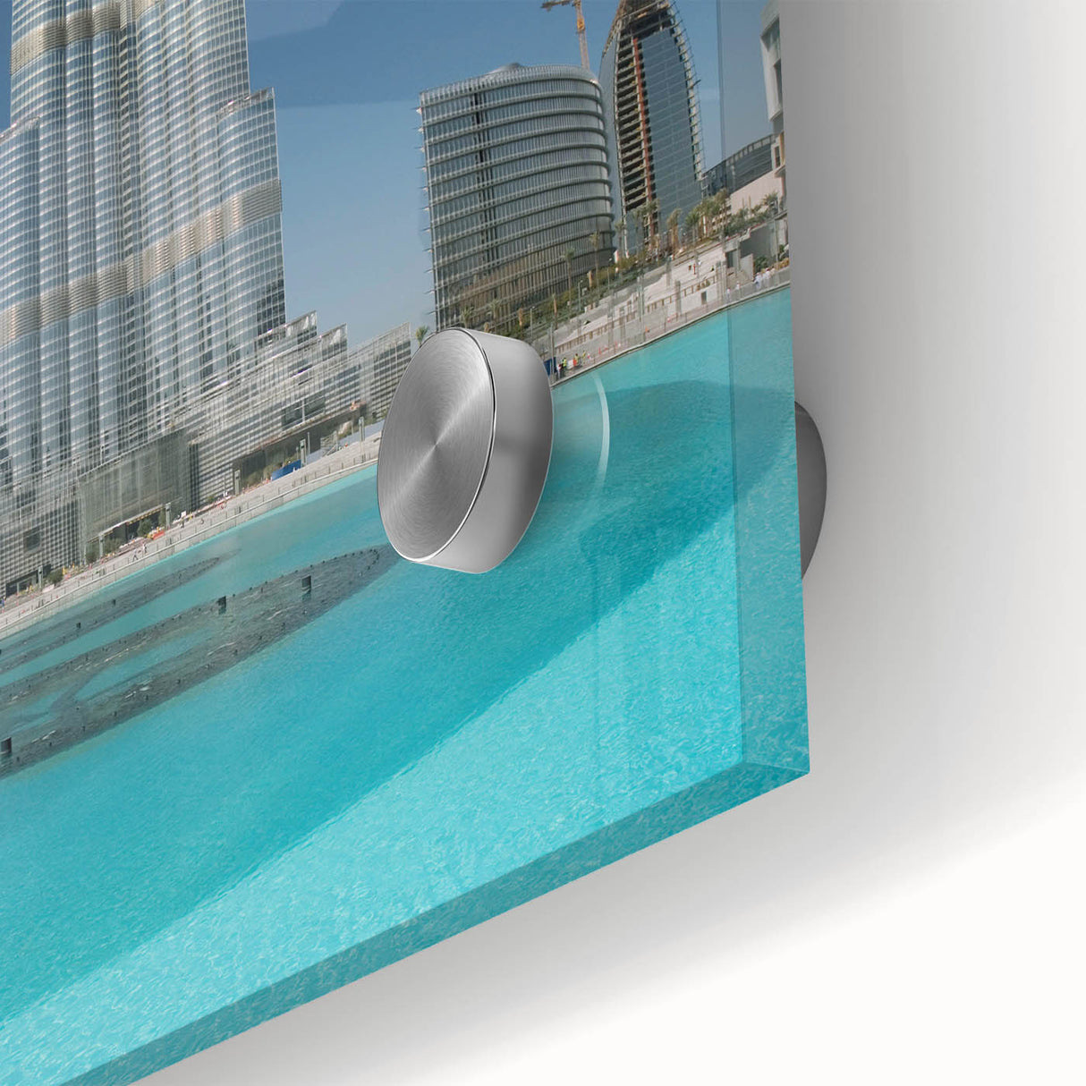 Acrylic print of the Burj Khalifa in muted grays and blues, ideal for dining room art in a mid-century modernist style.