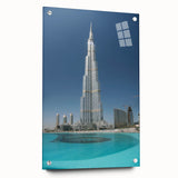 Acrylic print of the Burj Khalifa in muted gray tones, ideal for modern dining room decor.