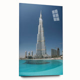 Acrylic print of the Burj Khalifa in muted gray tones, ideal for modern bedroom or dining room art.