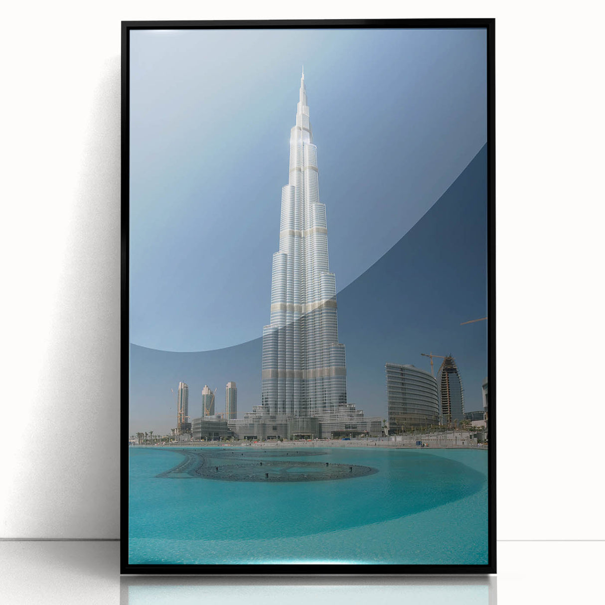 Large abstract wall art of Burj Khalifa in muted gray tones, framed acrylic, ideal for modern art wall decor.
