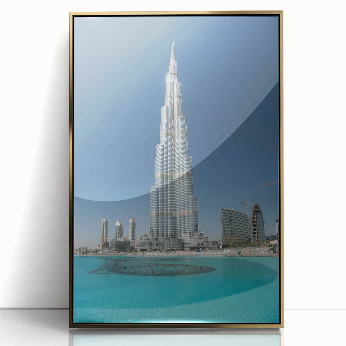 Large art print of Burj Khalifa against a gold backdrop in a mid-century modernist style, framed acrylic.
