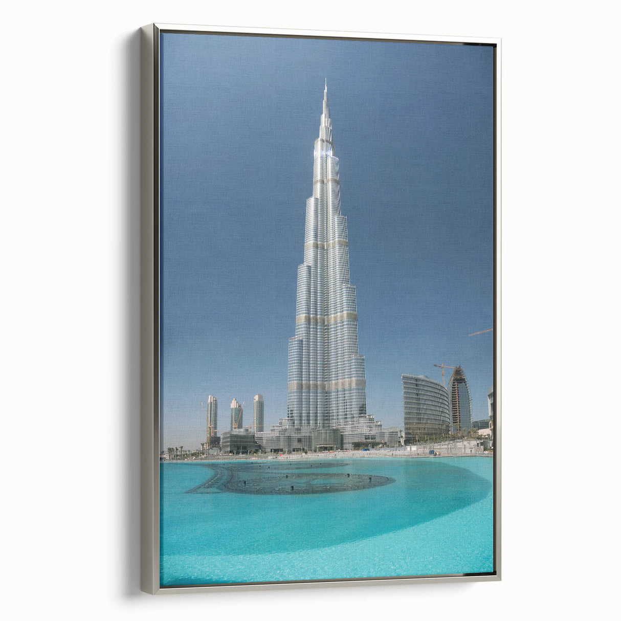 Framed canvas landscape art painting featuring the Burj Khalifa in vibrant colors, ideal for modern living room decor.