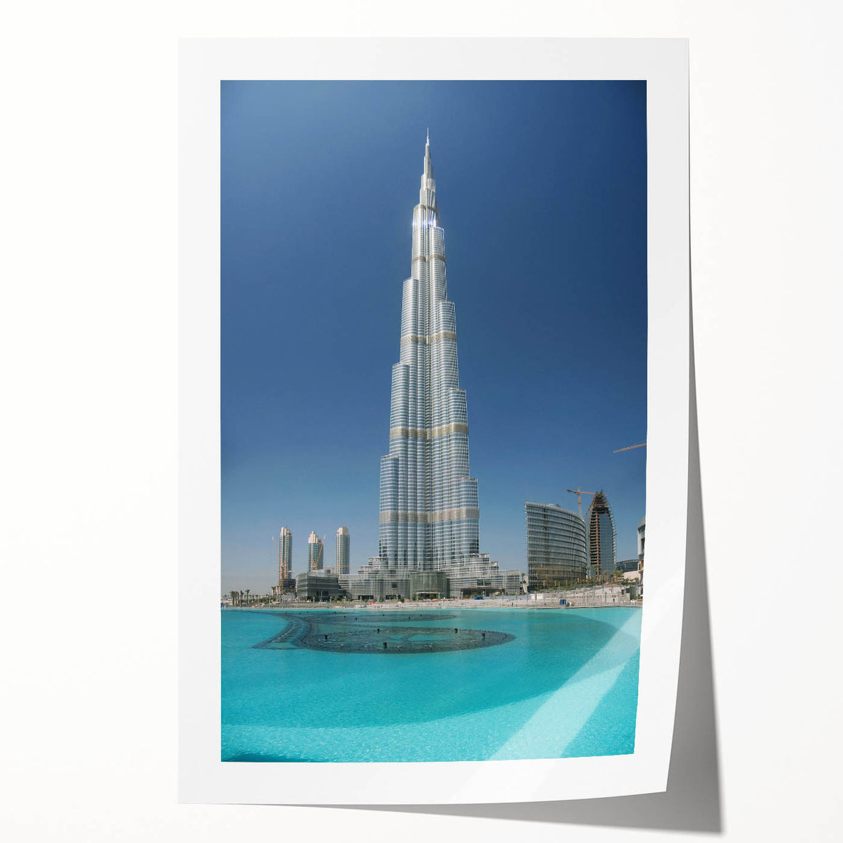 Extra large rolled print of Burj Khalifa with muted gray and blue tones, ideal for art wall dining room.