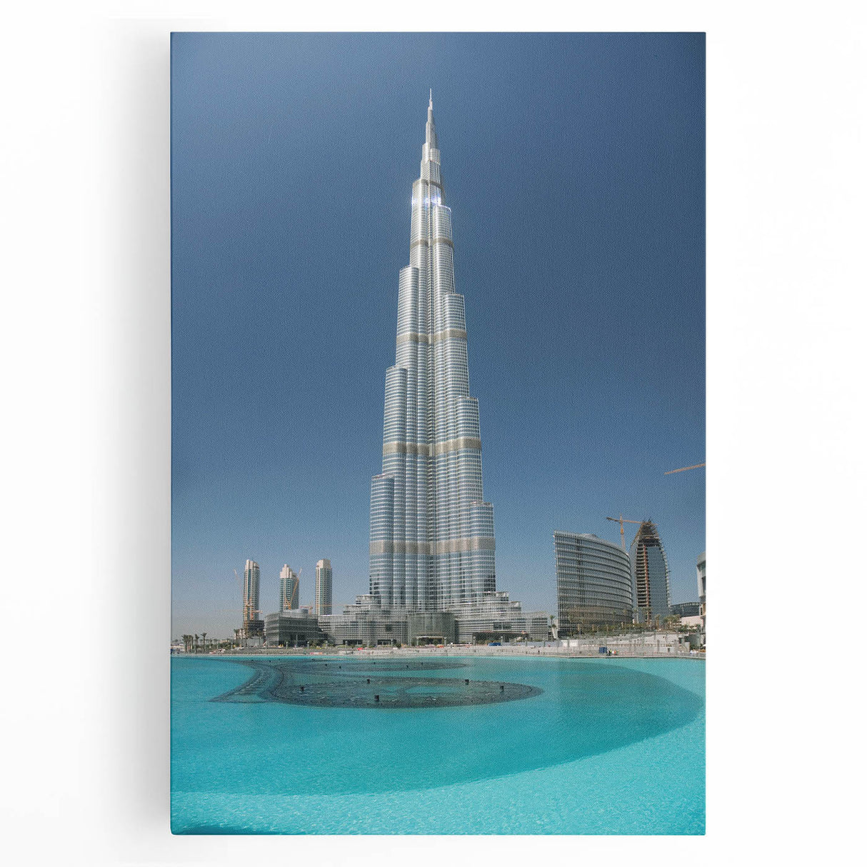 Black and white stretched canvas of the Burj Khalifa, ideal for kitchen wall art.