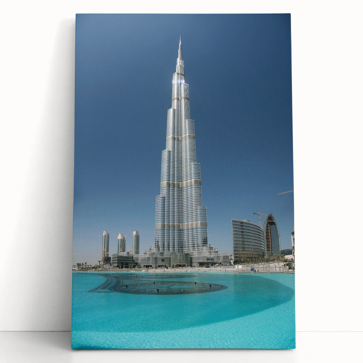 Black and white photo of the Burj Khalifa on stretched canvas, ideal for kitchen wall art.