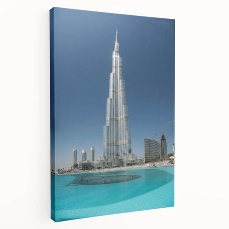 Large canvas art of the Burj Khalifa skyline in muted gray and blue tones, ideal for kitchen wall decor.