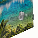Large abstract wall art depicting an oceanic Fiji scenery in muted blue and green tones on acrylic glass.