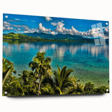 Acrylic glass print of a large abstract ocean scene in blue and turquoise, suitable for bedroom or dining room decor.