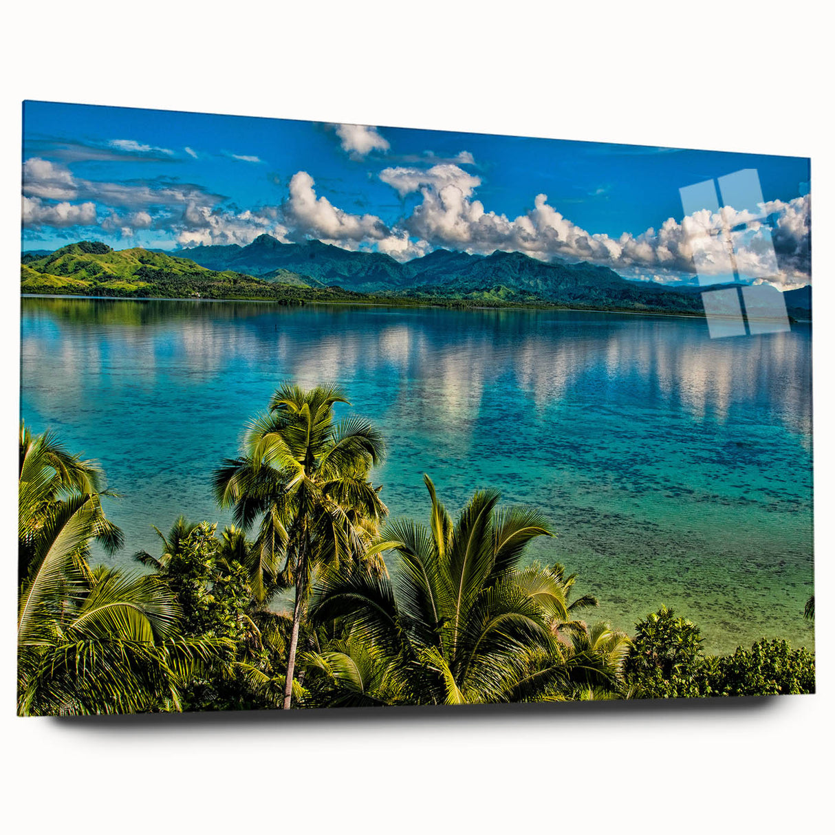 Large abstract wall art depicting the scenic Oceania Fiji landscape on acrylic glass, using vibrant blues and greens.