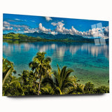 Large abstract wall art depicting the scenic Oceania Fiji landscape on acrylic glass, using vibrant blues and greens.