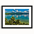 Extra large, textured abstract art print of vibrant Oceania scenery on a black framed canvas, ideal for living room decor.