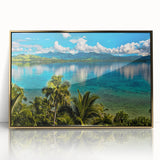 Framed acrylic print of a serene Fiji coastline in soft blue and green tones, ideal for modern art wall decor.