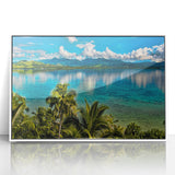 Art deco poster of a serene Fiji ocean view in muted blue tones, framed acrylic, ideal for modern nursery wall decor.