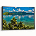 Black and white framed canvas of a Fiji landscape, featuring vintage poster art style, suitable for bedroom decor.