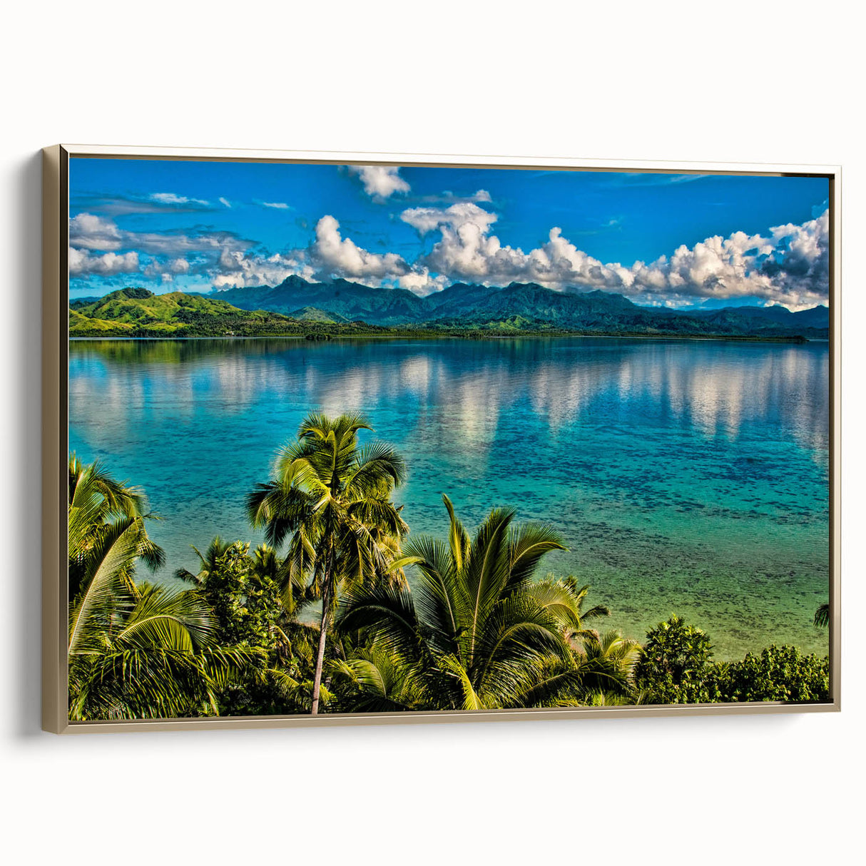 Framed canvas wall art featuring a vintage-style landscape of Oceania, Fiji, with muted earth tones, ideal for bedroom decor.