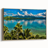 Framed canvas wall art featuring a vintage-style landscape of Oceania, Fiji, with muted earth tones, ideal for bedroom decor.