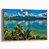 Framed canvas featuring a vintage-style landscape art painting of a Fijian coastal scene in vibrant colors.