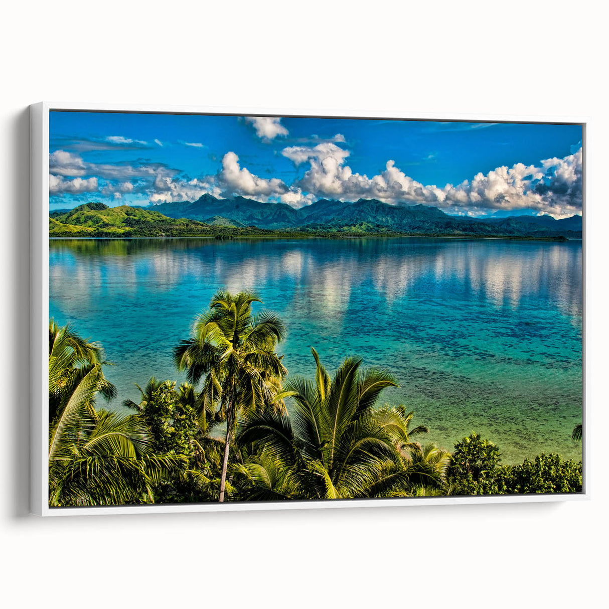 Vintage poster art of a Fijian landscape on framed canvas, featuring vibrant colors, ideal for living room decor.