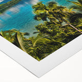 Art deco poster of a serene Oceania Fiji scenery in muted blues and greens on rolled canvas.