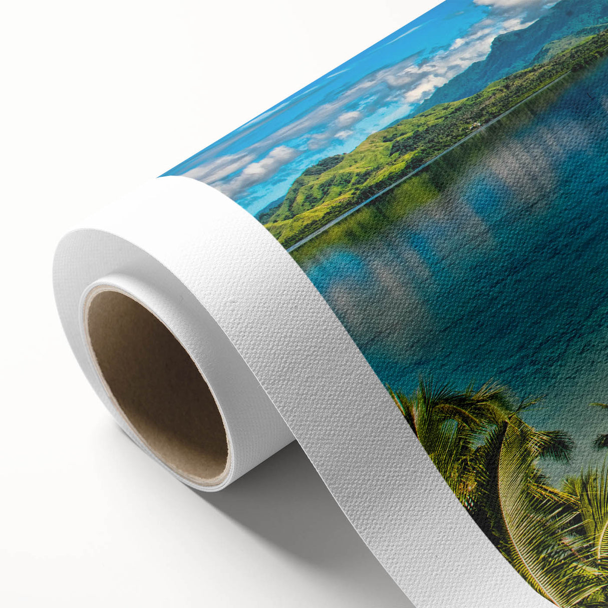 Art deco style poster of Oceania Fiji scenery on rolled canvas, featuring serene blue and green tones.