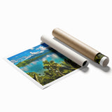 Extra large rolled print of a Fiji scenery with vibrant floral elements, ideal for classy bathroom wall art.