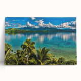 Black and white photograph of a serene Fiji beach on large stretched canvas.
